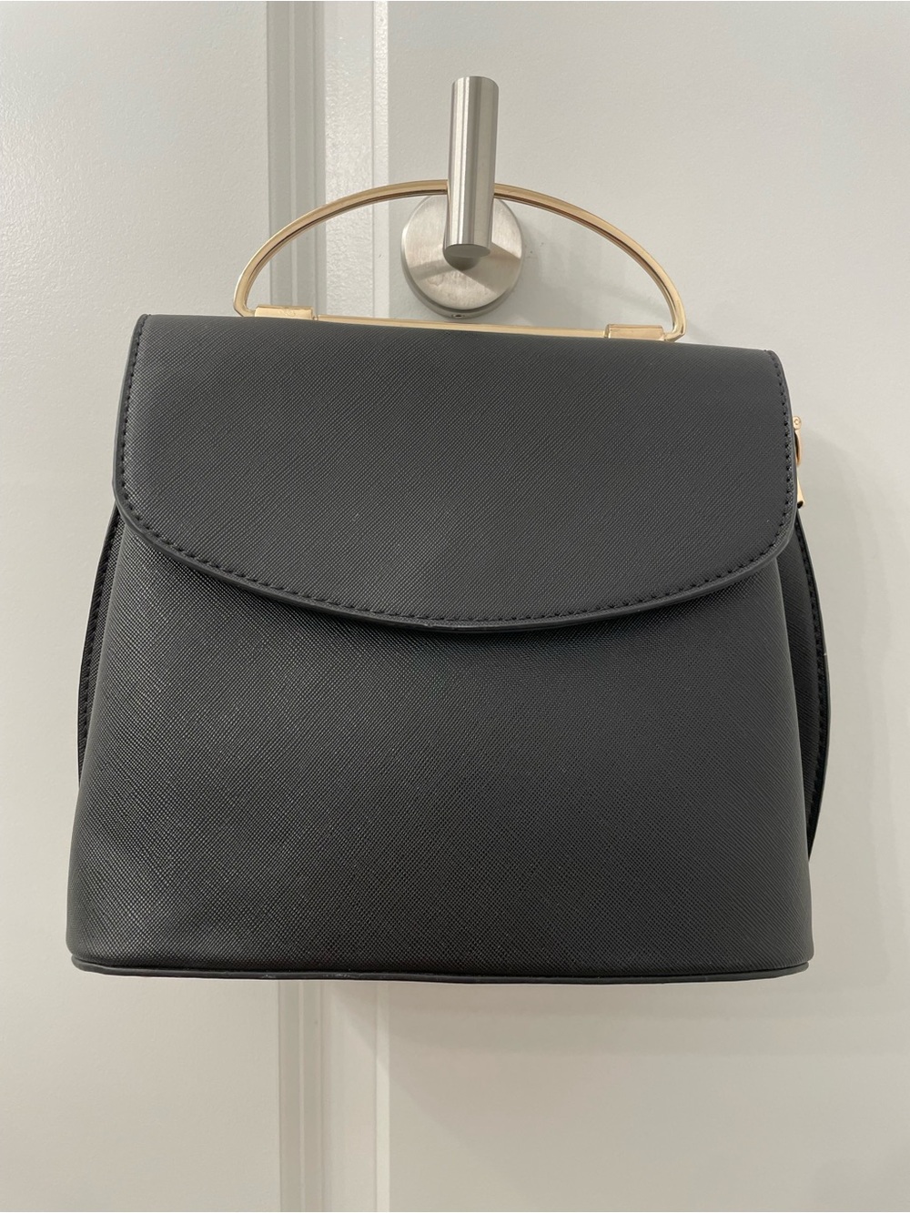 Black Structured Mini Bag with Gold Top Handle, Detachable Strap